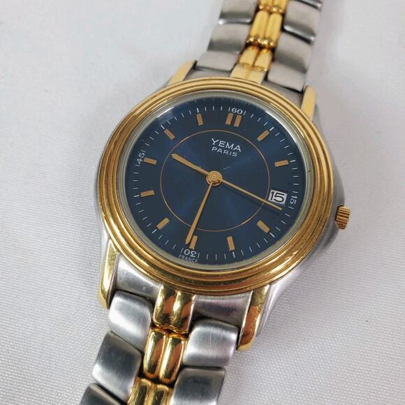 Yema Paris Watch Men Gold & Silver Tone 50M Date Steel 8" VR4Q269 MVT Quartz - Picture 1 of 11